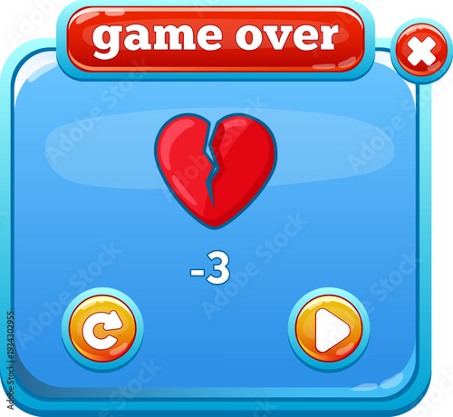Game over interface showing broken heart and negative score