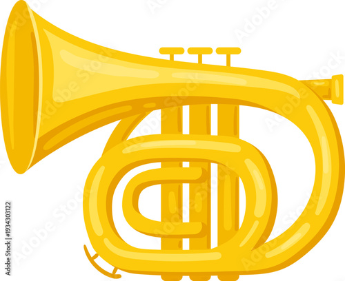 Golden musical horn wind instrument producing brass sound