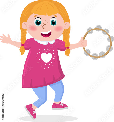 Girl playing tambourine dancing celebrating music joyfully
