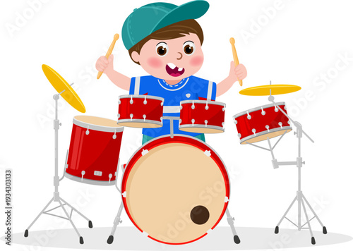 Happy little boy playing drum set music
