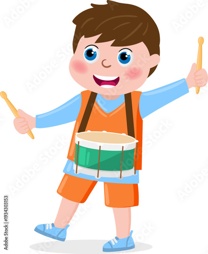 Happy cartoon boy playing a musical drum