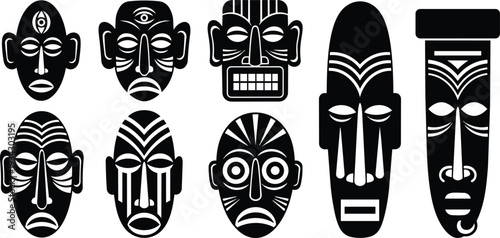 Minimalist tribal mask vector art set eight black silhouette faces front view varied expressions close up flat design bold geometric symmetry decorative lines elongated features abstract