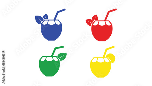 Colorful tropical drinks with straws and leaves in vibrant cups