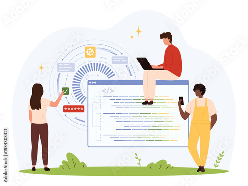 People collaborating on software project with code, digital interface, data visualization, teamwork, and technology process in modern flat style isolated vector illustration