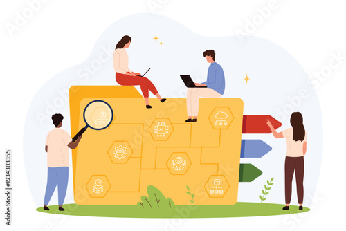People collaborating around a large digital folder with flat icons representing data analysis, cloud storage, artificial intelligence, and workflow management isolated vector illustration