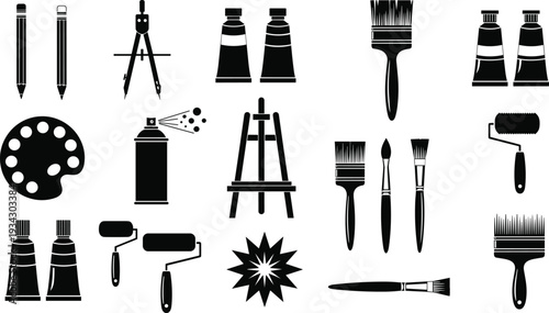 Set of Art Supplies Silhouettes Featuring Paint Brushes Palettes Easels Spray Cans Paint Tubes and Drawing Tools for Creative Design Projects