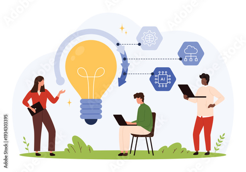 Creative team collaborating technology solutions, brainstorming with laptops, lightbulb symbolizing innovation, digital process, artificial intelligence, cloud computing isolated vector illustration