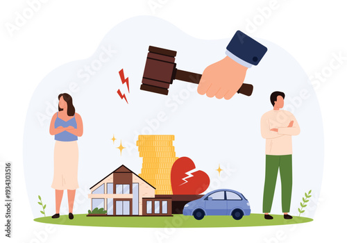 Divorce and legal action concept with a couple, gavel, and assets, symbolizing separation and financial division, isolated on white background vector illustration.