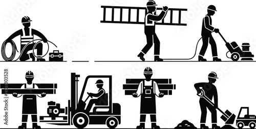 Minimalist vector art close up row of construction workers carrying ladder beams and cables operating forklift and shovel in industrial site high contrast aerial silhouette style