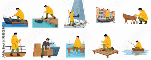 Diverse Flat Style Fisherman in Various Activities and Locations Illustration Set