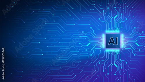 AI Processor Chip Glowing Circuit Board Dark Blue Technology Background Vector