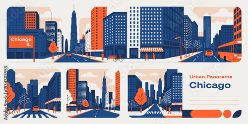 Chicago Urban Street Skyline – Modern Flat Vector Ultra‑Wide Panoramic Illustration | USA US U.S. United States Banner, Card & Flyer Design
