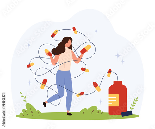 Female drug addiction and dependency concept, illustrating a woman entangled with pills and a large bottle, isolated on white background vector illustration.