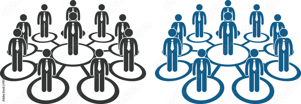 Fototapeta premium Modern business network and teamwork icons set featuring people connections, partnership. Leadership, meeting, management, togetherness. Corporation Solid vector icons collection.