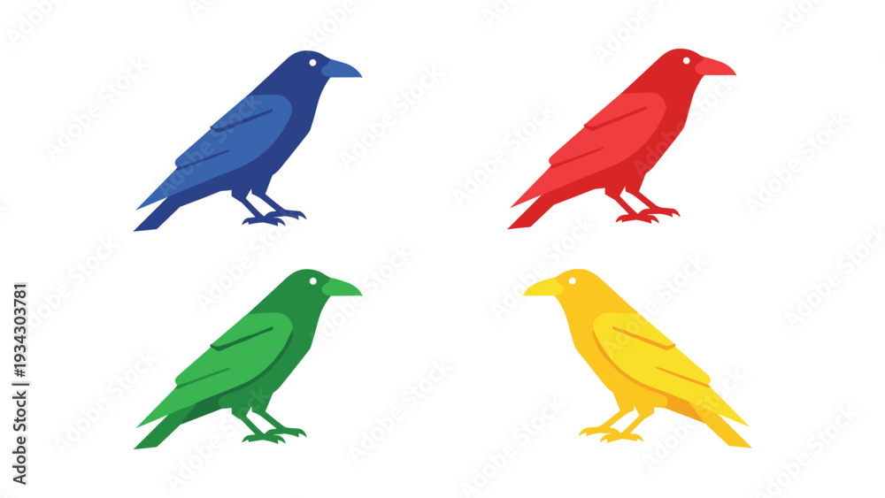 Fototapeta premium Vibrant illustration of four stylized birds in different colors standing on a plain background