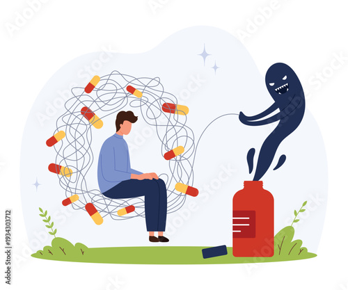 Person trapped by pills and a dark figure emerging from a bottle, symbolizing drug addiction, isolated on white background vector illustration