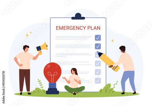 People collaborating on emergency plan checklist, using megaphone, giant pencil, and lightbulb symbolizing communication, organization, and ideas in flat style isolated vector illustration