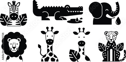 Minimalist black and white flat design animal icon set frontal zebra lion giraffe crocodile elephant and cheetah arranged grid close up bold shapes high contrast vector