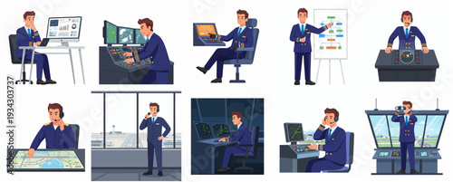 Flat Style Illustration Set of Air Traffic Controller Occupation in Action
