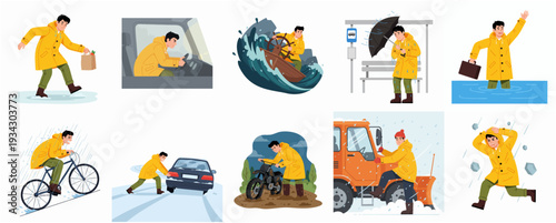 Cartoon Character Illustration Set Demonstrating Actions in Bad Weather Conditions