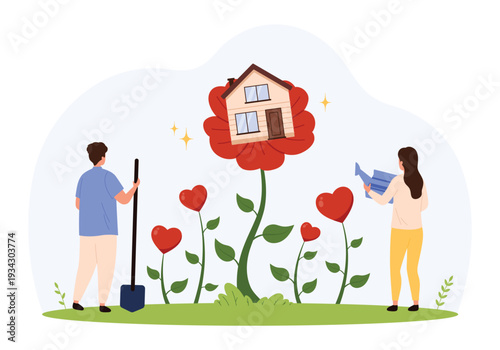Couple of people gardening, nurturing blooming flower with house, family home investment metaphor, mortgage growth, real estate care, property value, isolated on white background vector illustration