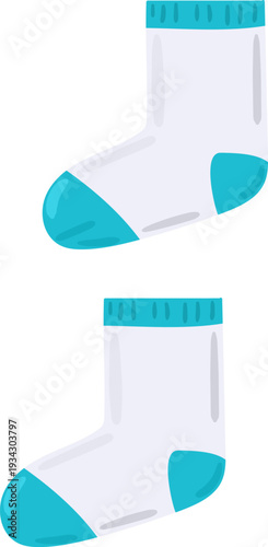 Two white socks with blue tops, heels, and toes