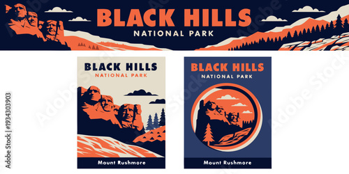 Black Hills Landscape with Mount Rushmore Silhouette – Ultra‑Wide Flat Vector Panoramic Illustration | USA US U.S. United States Banner, Card & Flyer Design

