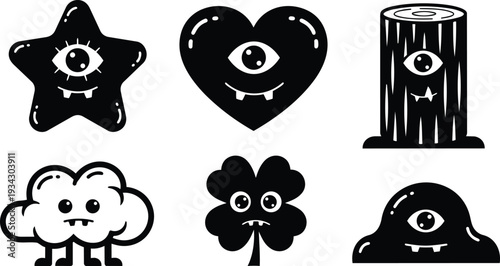 Minimalist black and white flat design close up of six kawaii one eyed monster icons including star heart cloud clover log and blob arranged in grid
