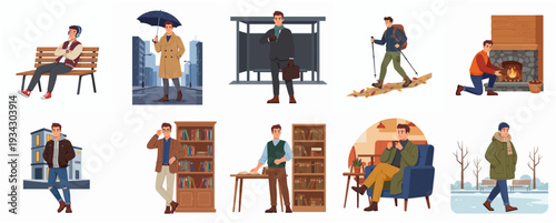 Flat Illustration Set of Man in Different Seasons and Activities