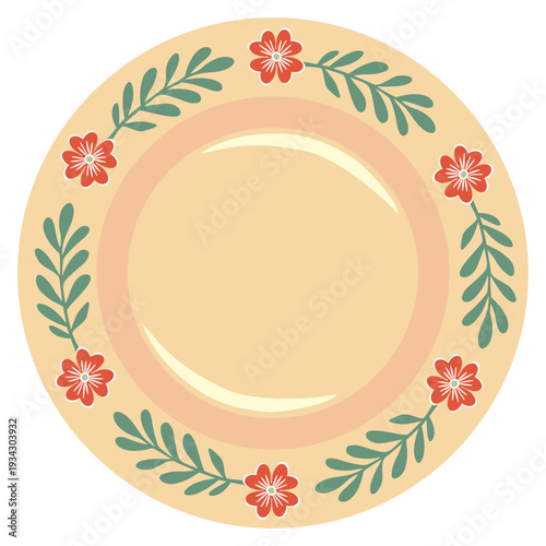 Handmade pottery with ancient patterns. Plate with floral ornaments and kitchen utensil. Sticker for social networks and messengers. Tableware with floral pattern. flat vector illustration isolated on