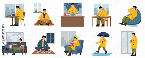 Flat Style Detailed Man in Yellow Raincoat Various Activities Character Illustration