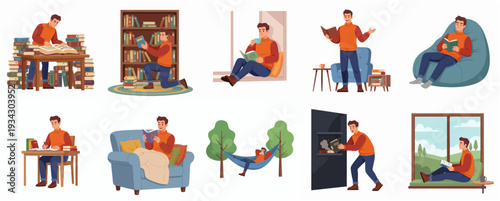Flat Illustration Set of Man Reading Book in Different Situations