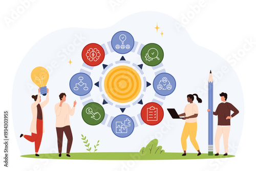 Teamwork and strategy concept with tiny people working on business goals and planning processes, isolated on white background vector illustration