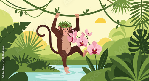 Playful Monkey Swinging in Lush Tropical Jungle with Orchids and River