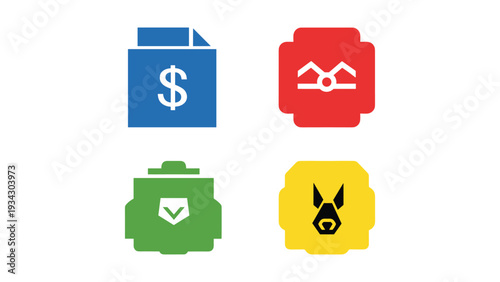 Four distinct icons representing financial, housing, security, and cryptocurrency concepts