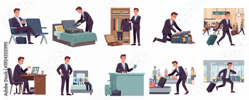 Flat Cartoon Style Businessman Travel Scenes and Preparing for Business Trip Illustration