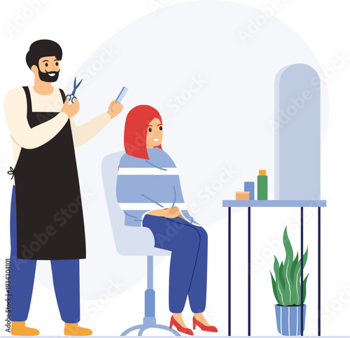 Hairdresser giving haircut to smiling woman in salon