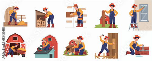 Cartoon Style Set of Farmer Doing Work at Farm Illustration