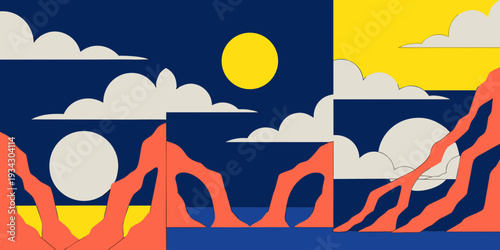 Red Sandstone Cliffs at Sunset – Minimal Ultra‑Wide Flat Vector Panoramic Illustration | USA US U.S. United States Desert Banner, Card & Flyer Design
