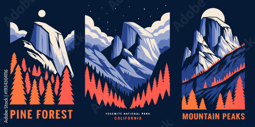 Yosemite Pine Forest with Layered Mountain Peaks – Gradient Ultra‑Wide Flat Vector Panoramic Illustration | USA US U.S. United States Banner, Card & Flyer Design
