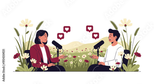 Podcast Recording in Nature: Two People Interviewing with Microphones and Hearts