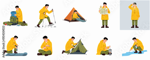 Flat Illustration Man Character in Yellow Raincoat Enjoying Camping Adventure Activity