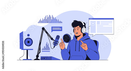 Podcaster Recording Audio with Microphone and Headphones, Studio Setup
