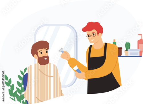 Barber shaving man's beard in a barbershop