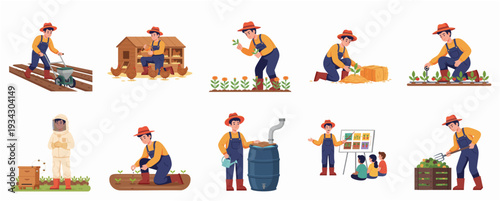 Colorful Flat Style Farmer Lifestyle and Agricultural Activity Illustration Set