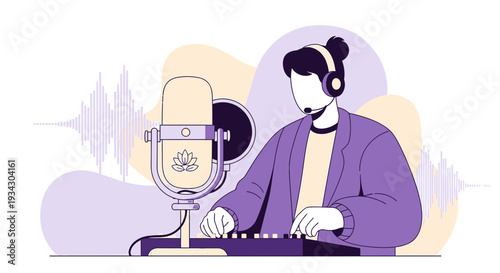 Podcaster Recording Audio with Microphone and Sound Waves, Broadcasting Studio Concept