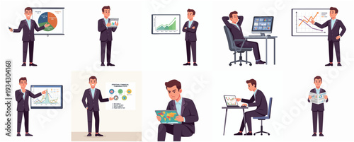 Cartoon Style Businessman Character Poses and Actions for Presentation and Report
