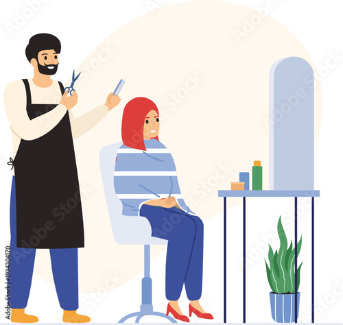 Barber styling woman hair in professional beauty salon