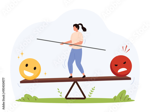 Woman balancing on seesaw between happy and angry faces symbolizes emotional stability, mental health challenges, mood management, and psychological balance isolated vector illustration