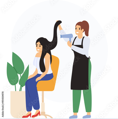 Hairdresser styling woman's long hair in salon